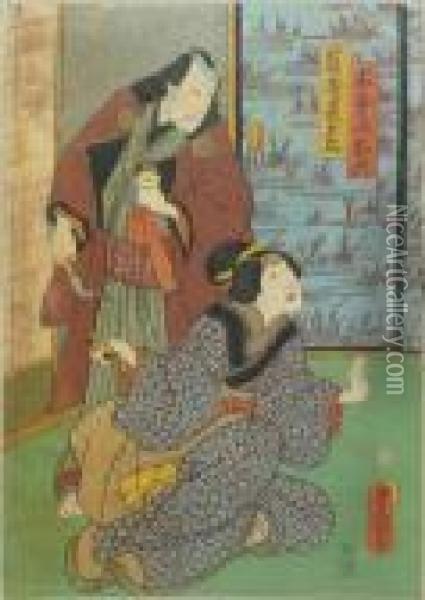 Kunisada, Utagawa. Kikuya Chobei Mit Tabakbeutel Und Pfeife Wartet Auf Oroku, Japan Oil Painting - Kunisada