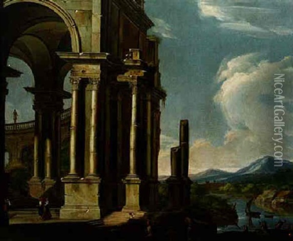 A River Landscape With Figures Strolling Among Classical Ruins Oil Painting - Antonio Joli