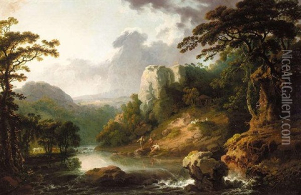 A River Landscape With Fishermen In The Foreground Oil Painting - George Barret