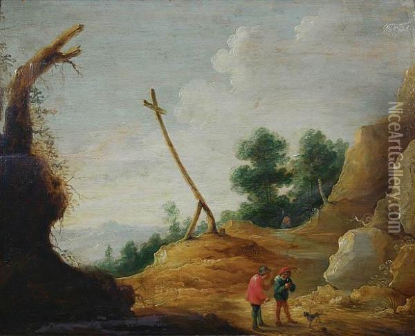 Pejzaz Z Postaciami I Przydroznym Krzyzem Oil Painting - David The Younger Teniers
