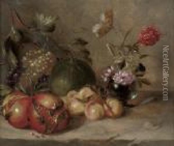 Pomegranates, Grapes, Peaches 
And A Melon, With Peonies In A Glass Vase On A Stone Ledge, With A 
Butterfly And A Snail Oil Painting - Abraham Brueghel