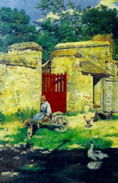 Spansk Gardsinterior Med Kvinna, Hund, Hons Och Ankor Oil Painting - Fernando Tirado