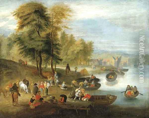 A river estuary with peasants loading barges Oil Painting - Mattijs Schoevaerdts