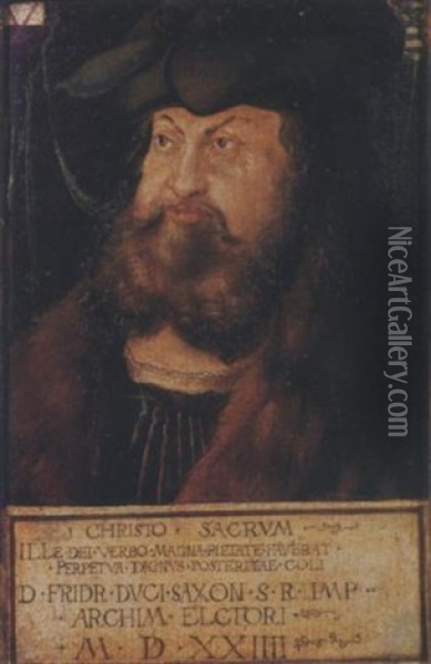 Portrait Of Frederick The Wise, Elector Of Saxony, In A Black Costume With A White Collar, A Fur Coat And A Black Hat Oil Painting - Lucas Cranach the Elder