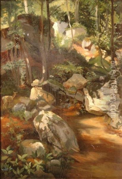 Deer In The Summerly Deciduous Forest - A Brook Closeby Oil Painting - Joseph Heilmair