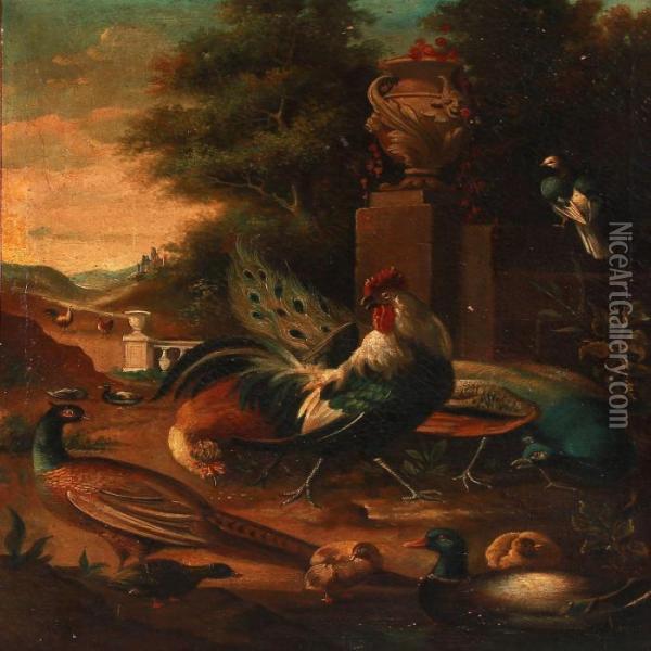 Different Birds In A Park Landscape Oil Painting - Melchior de Hondecoeter