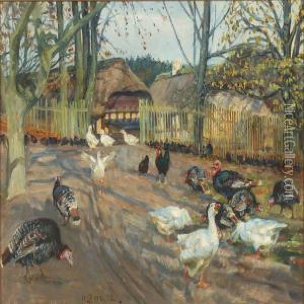 Farm Exterior With Turkeys And Geese Oil Painting - Niels Pedersen Mols