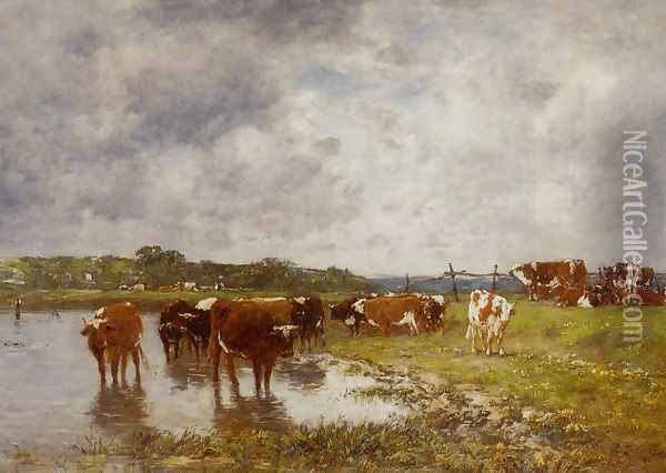 Cows in a Meadow on the Banks of the Toques Oil Painting - Eugene Boudin