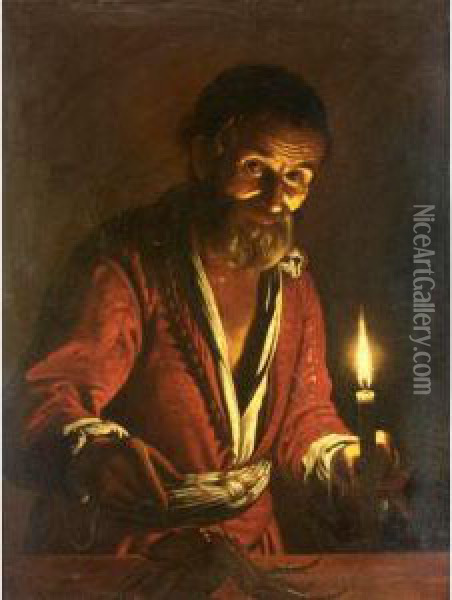 A Nocturnal Scene With A Man Holding A Candle, Pointing To A Crab On A Table Oil Painting - Matthias Stomer