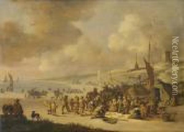Marche Aux Poissons Sur La Plage De Scheveningen Oil Painting - Peeter Bout
