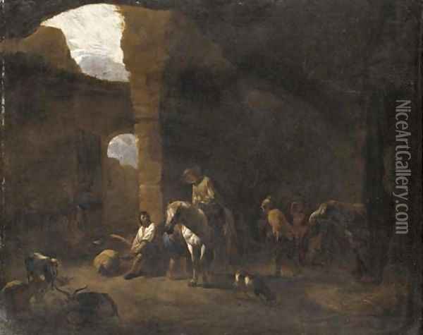 Travellers taking shelter in Roman ruins Oil Painting - Pieter Van Laer (BAMBOCCIO)