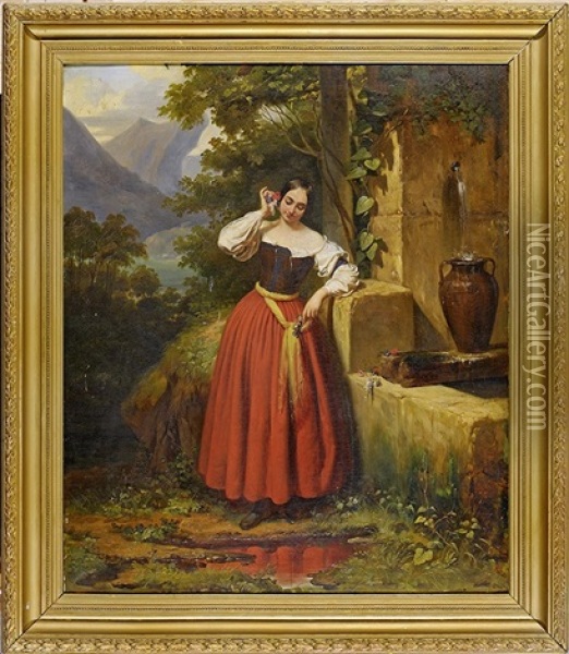 Jeune Femme A La Fontaine Oil Painting - Francois Barthelemy Augustin Desmoulins