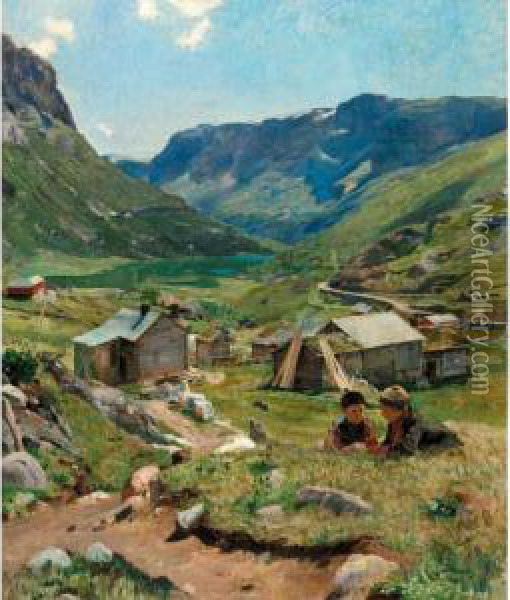 Sommerdag, Utsikt Over Dalen Ved Skogstad (summer Day: View Of The Valley At Skogstad) Oil Painting - Eilif Peterssen