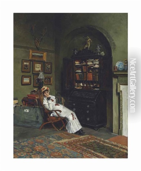 Portrait Of Esther Kenworthy Waterhouse In The Artist's Studio, Primrose Hill Oil Painting - William Logsdail