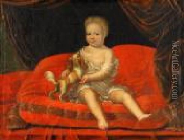 Barnportratt Forestallande L. Thormohlen Junior Sittande Med En Sallskapshund Oil Painting - David Klocker Von Ehrenstrahl