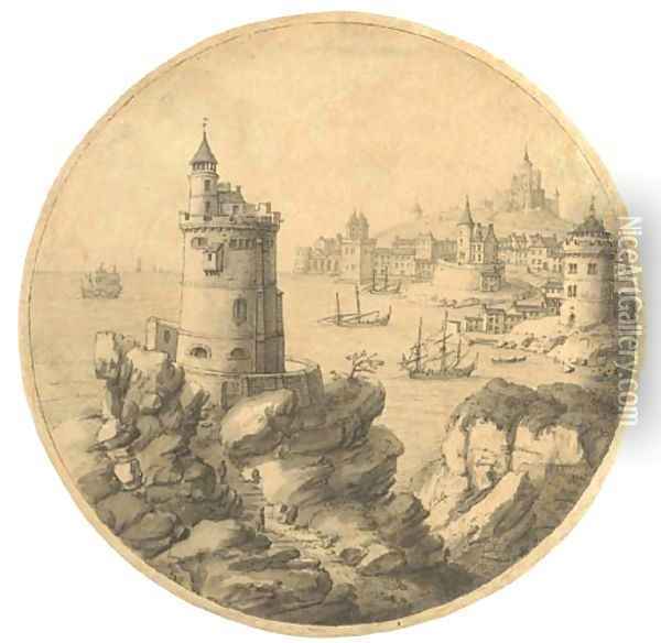 An imaginary coastal landscape with a tower, a port beyond Oil Painting - Theodor Vercruys