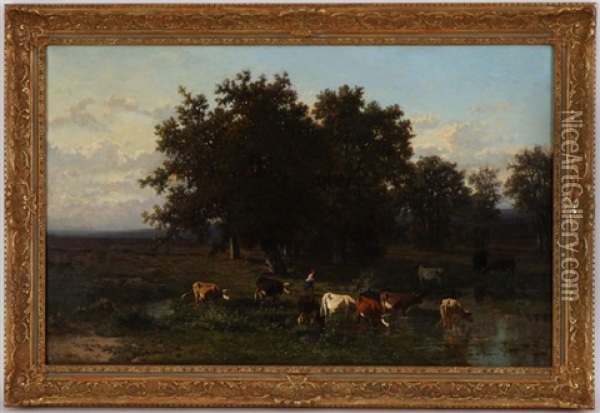 Vaches S'abreuvant Dans Un Paysage Oil Painting - Frans Keelhoff