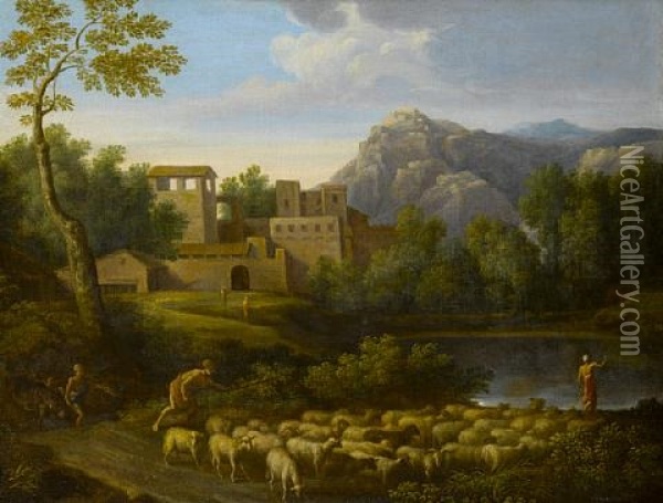 Classical Figures In An Italianate Landscape, Driving A Flock Before A Lake, A Village In The Distance And A Mountain On The Horizon Oil Painting - Gaspard Dughet