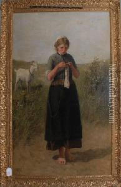 Young Girl Knitting Oil Painting - David Adolf Constant Artz