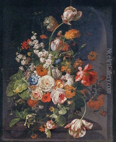 Tulips, Peonies, Poppies, Roses, Hyacinths, Marigolds, Auricolae, A Cornflower, A Passion Flower, African Marigolds And Other Flowers In A Glass Vase On A Stone Ledge Oil Painting - Johannes Christianus Roedig