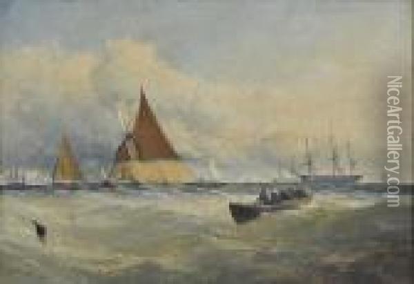 Hay Barge And Other Vessels On The Thames, Signed And Dated '58, Oil On Board Oil Painting - Edmund John Niemann, Snr.