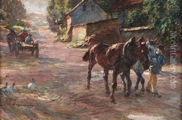 Sommertag Auf Dem Lande. Pferdefuhrwerk Und Pferdegespann Auf Einer Dorfstrase Oil Painting - Emanuel Hegenbarth