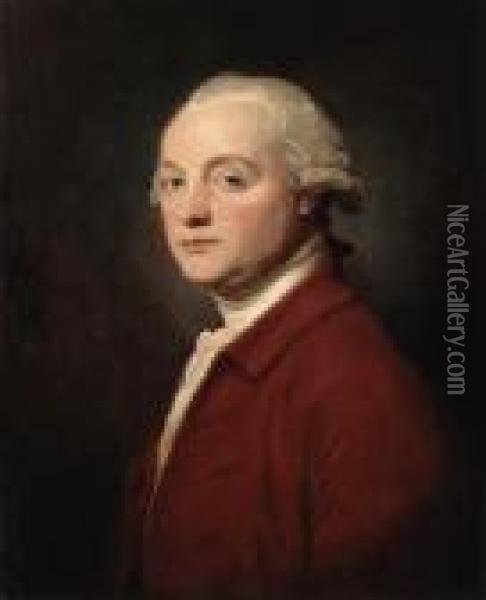 Portrait Of A Gentleman Said To Be John Kenwick, Half Length,wearing A Red Jacket Oil Painting - George Romney