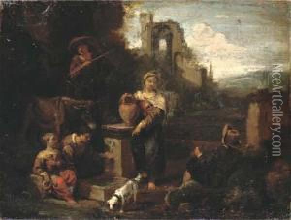 An Italianate Landscape With Figures Resting By A Well, Classicalruins Beyond Oil Painting - Pieter Van Laer (BAMBOCCIO)