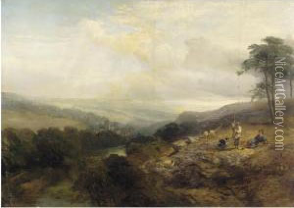 River Landscape With Shepherds Resting Oil Painting - Henry Jutsum
