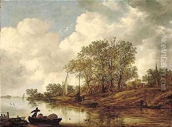 A River Landscape With Hay Barges Moored Near A Village Oil Painting - Jan van Goyen