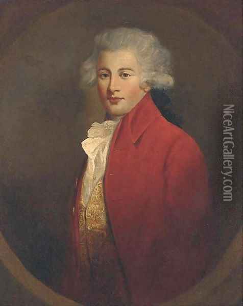 Portrait of a young gentleman, half-length, in a red jacket and white cravat Oil Painting - John Hoppner