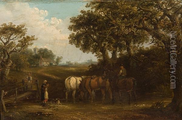 The Log Drag; Horses Watering Before A Village Oil Painting - Thomas Smythe