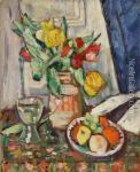 Tulips And Fruit Oil Painting - George Leslie Hunter