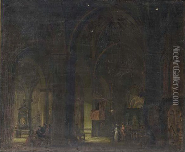 Church Interior With Figures Oil Painting - German Cramer
