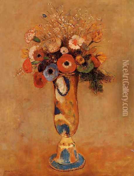 Wildflowers In A Long Necked Vase Oil Painting - Odilon Redon