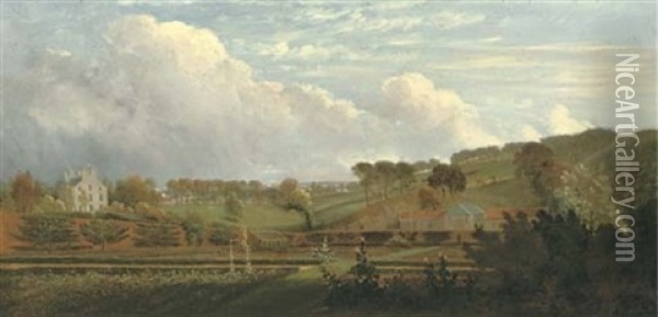 A Kitchen Garden, A House And Outbuildings Beyond (in Hampstead?) Oil Painting - William Tomkins