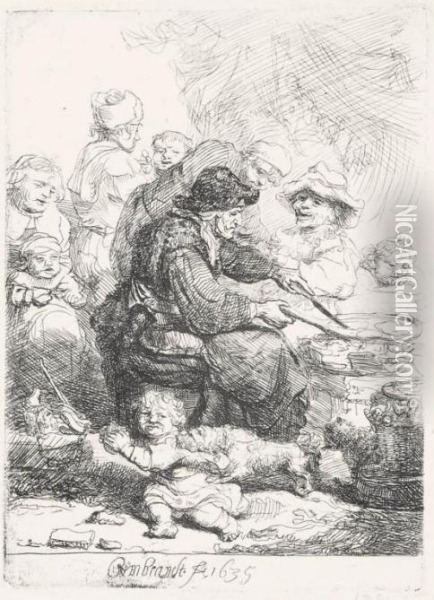 The Pancake Woman (b., Holl.124; H.141; Bb.35-j) Oil Painting - Rembrandt Van Rijn