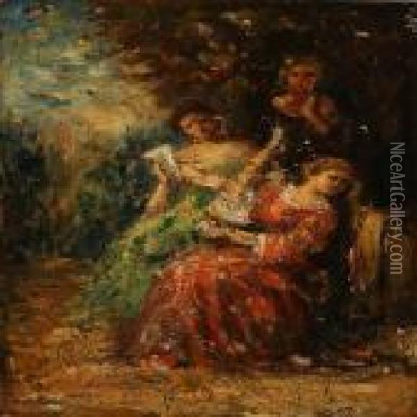 Three Women In A Park Oil Painting - Adolphe Joseph Th. Monticelli