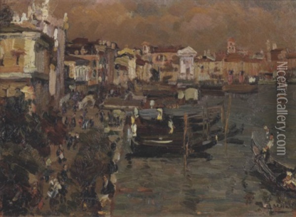 Gondole A Venezia Oil Painting - Alessandro Milesi