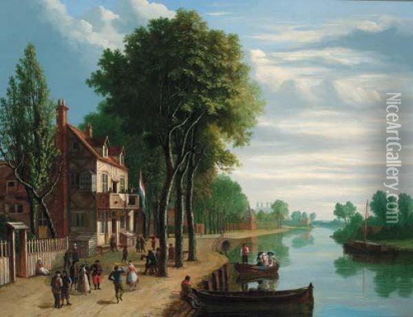 Dutch Figures Merrymaking On The Bank Of A River Oil Painting - Joseph F. Ellis
