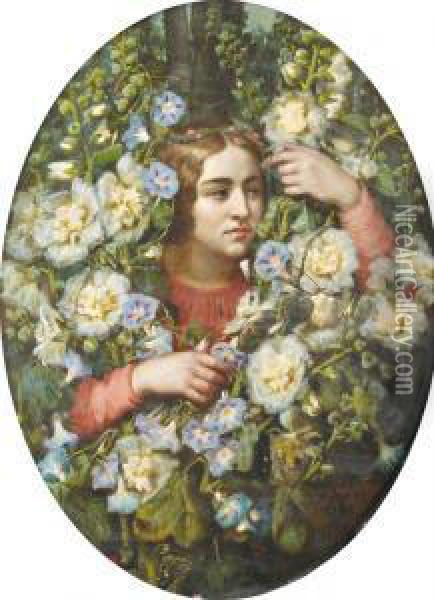 Portait De Femme Parmi Des Roses Tremieres Oil Painting - Marie Octavie Sturel Paigne