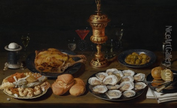 Still Life With Capon, Oysters, Bread, Pastries, Various Glasses And A Goblet Oil Painting - David Ryckaert the Younger