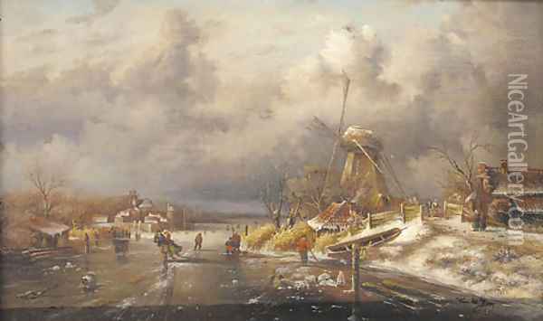 Figures skating on a frozen canal by a windmill Oil Painting - Romeyn de Hooghe