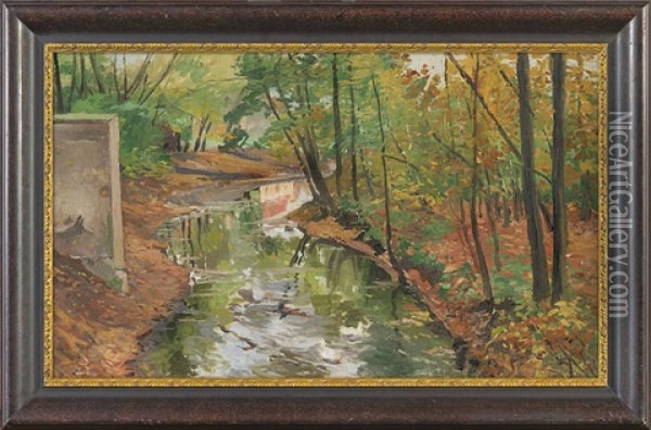 Stream In A Park. Autumn Oil Painting - Michael Gorstkin-Wywiorski