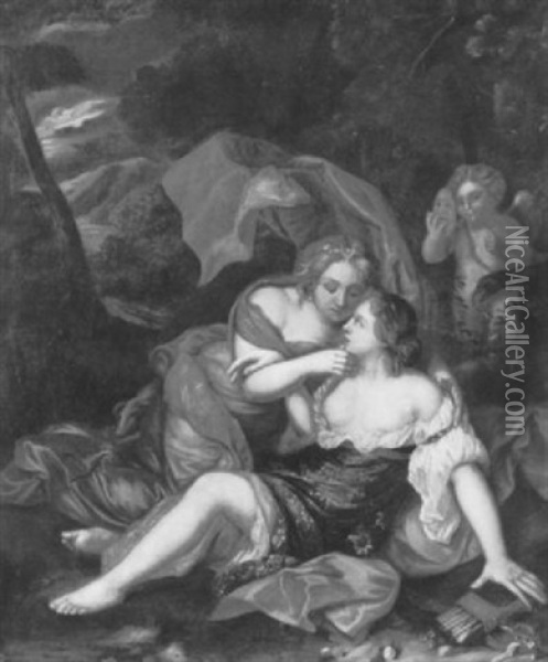Der In Der Gestalt Dianas Erscheinende Jupiter Liebkost Die Nymphe Callisto Oil Painting - Caspar Netscher