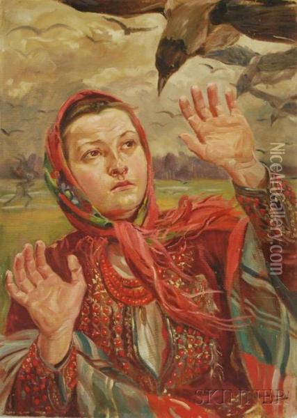 Peasant Woman Fending Off Crows Oil Painting - Wincenty Wodzinowski