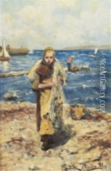 Fiskarflicka Barande Nat Oil Painting - Elisabeth Warling