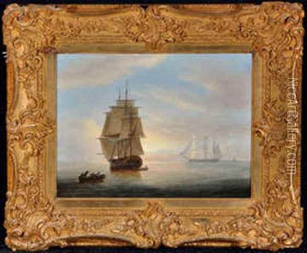 A Sailing Ship At Dusk In Calm Water Oil Painting - Thomas Luny