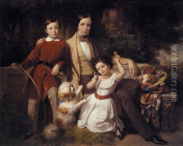 Group Portrait With The Prince Valmontone, Gwendalina Doria-pamphili And Bertram Talbot, In A Villa Garden Oil Painting - Karl von Blaas