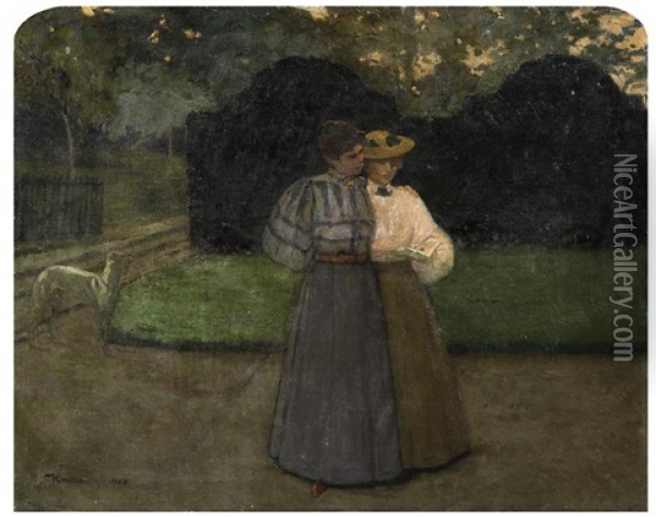 Zwei Damen Mit Ihrem Windhund Im Park Oil Painting - Eugene Klinckenberg